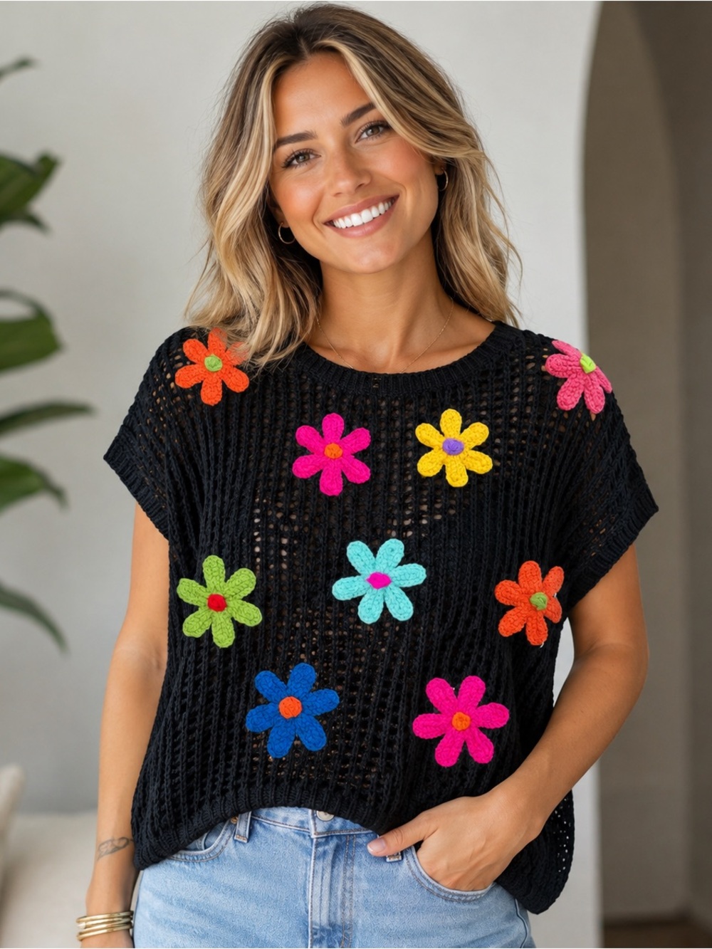 BiBi Black Crochet Tank with Multicolor Flower Appliqués